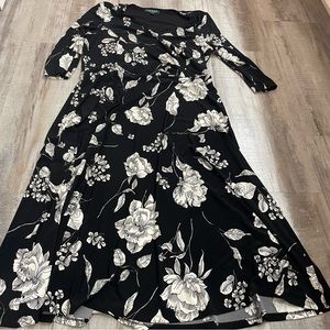 Lauren Ralph Lauren Black White Dress Size 16 Floral Ruched 3/4 Sleeve
